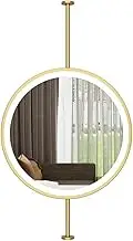 Metal Pole Ceiling Suspended Mirror,Ceiling Round Hanging Mirror with LED Light,Floating Shaving Mirrors with Metal Framed and Boom,Living Room Entryway Decorative,Gold