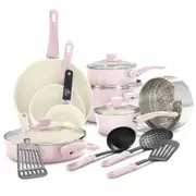16pc Greenlife Soft Grip Handle Aluminium Non-Stick Cookware Set Quartz Pink