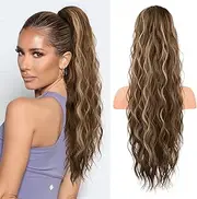 Flufymooz Ponytail Extension, 26 Inch Drawstring Hair Extensions for Women，Long Curly Wavy Natural Synthetic Hairpiece Women Daily Use party （26 Inch Deep Brown with Dirty Blonde）