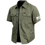 Men's Solid Color Work Shirt Western Shirt Cargo Shirt Short Sleeve Casual Tactical Vacation Daily Going out Summer Turndown Lapel Pocket Army Green off-white