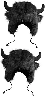 Healeved Cute Ox Horn Hat for Fluffy Furry Design Cozy Plush Ox Horn Hat for Adult Unique Costume Party Cosplay Accessory Windproof Comfortable Wear