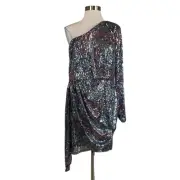 Aidan Mattox Women's Cocktail Dress Size 12 Blue Sequin One Shoulder Mini Sheath