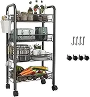Storage Cart Rolling Removable, Stackable Kitchen Trolley, 3-5 Tier Utility Carts with Wheels Sturdy Storage Rack for Kitchen Home(Black,17.3 * 10.6 * 33inch)