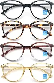 MODFANS Women Reading Glasses 4 Pack Blue Light Blocking Readers Large Round Frame Computer Eyeglasses Spring Hinges 4 Pouch