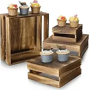 4 Pieces Wood Cupcake Display Stand Decorative Dessert Appetizer Cake Stand Risers Wooden Crate Rustic Cake Stand Risers for Decor Wooden Crate Style Storage Organizer for Party (Rustic Dark Brown)
