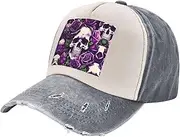 [YANYU] Many Purple Rose Skull Print Fashion Washed Distressed Baseball Cap Vintage Adjustable Hat with Classic Brim, Gray, One Size