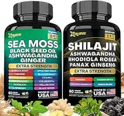 Zoyava Dynamic Vitality Bundle - Sea Moss 7000mg, Black Seed Oil 4000mg, Ashwagandha 2000mg, Ginger & Shilajit 9000mg, Rhodiola Rosea 1000mg, Panax Ginseng 1500mg, All in 1 Supplements (60 Count)