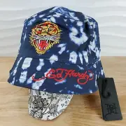 Ed Hardy Embroidered Tiger Head Blue White Reversible Tie Dye Bucket Hat OSFM