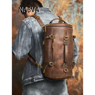 NASVA真皮男士多功能斜背包復古背包斜背包手提包頭層牛皮圓筒後背包