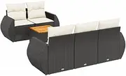 vidaXL Modular Garden Sofa Set 6-Piece Black Poly Rattan with Cushions, Acacia Table for Outdoor Patio