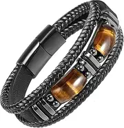 [Enjoy Risingsun] Tiger Eye Black Leather Bracelet Men Natural Tiger Eye Gemstone Crystal Stone Jewelry Handmade Courage And Stress Relief Protection Bracelet