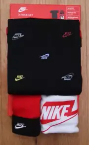 Nike Baby Boy 3 Pc Bodysuit, Hat & Bib Set ~ Black, Red & White ~ 0-6M