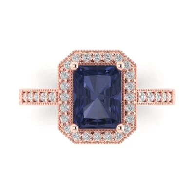 2.9Ct Emerald Cut Simulated Blue Sapphire Solid Gold Halo Ring, Birthday Gift