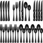 24-Piece Black Silverware Set with Steak Knives for 4