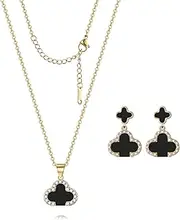[Hothink] Clover Necklace Clover Earrings Lucky Clover Sets Black Red White Clover Pendant 18K Gold Plated Fashion Jewelry for Women Bring Good Luck