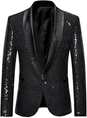 [Kromoc] Men's Suit Blazer Sequin One Button Shawl Lapel Wedding Meeting Ceremony Coat