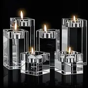 6 Pcs Crystal Candle Holders Clear Tea Light Candle Holders Square Candle Stand Glass Votive Candlestick Holders Centerpiece Table Decorations for Wedding Dining Living Room 1.57'' 3.15'' 3.94''
