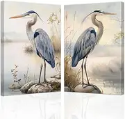 SWQYLB Blue Heron Wall Art Set of 2 Coastal Bird Paintings Beach Animal Pictures Canvas Crane Framed Art Prints Bathroom Living Room Home Decor (Brown, (12"x16"x2 Pieces))