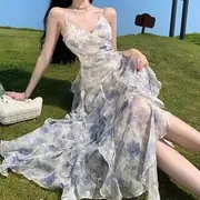 Spaghetti Strap Floral Slit Ruffle Trim Midi A-Line Sundress Blue - L