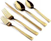 Bevel Gold 20-Piece Silverware Set, Forged Stainless Steel Flatware Set, Cutl...