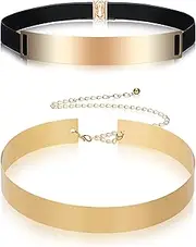 [Geyoga] Gold Belts for Women 2 Pieces Metal Belt Gold Metal Polished Dress Belt Christmas Shinny Mirror Waist Chain Belt Adjustable, Black, Gold, general size