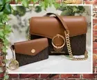 NWT MICHAEL KORS WANDA SM Crossbody BAG & CARD CASE In BROWN Logo Canvas Leather