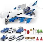 Airplane Toy Set with Cargo Transport Plane and 8 Mini Cars and Helicopters for Kids Ages 4 5 6 Years Old Boys Girls Toy Airplane Firetruck Toys