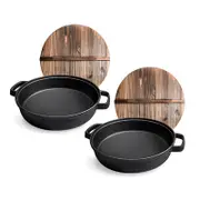 SOGA 2X 31cm Round Cast Iron Pre-seasoned Deep Baking Pizza Frying Pan Skillet with Wooden Lid
