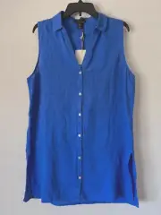 NWT Linen Vintage Look TAHARI Button Down Blue Tunic Top Sz XL
