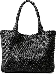 [Queenoris] Woven Bag for Women, Fashion Top Handle Shoulder Bag Vegan Leather Shopper Bag Large Travel Tote Bag