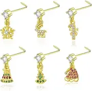 [BYETOCE] Christmas Nose Rings Pack Christmas Tree Snowflake Deer Nose Screws L-Shaped Gold Filled Nose Studs Xmas Nostril Piercing Jewelry for Women Men, extra Large, Brass, cubic zirconia