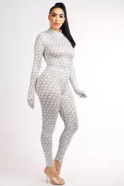 Women's Diagonally Printed Candy Bodysuit And Matching Legging Set White S,M,L
