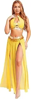 [Choomomo] Belly Dance Outfits for Women Metallic Halter Bra Crop Top with Split Mesh Skirt Club Party Dancewear