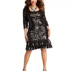 Ignite Size 14 Large Little Black Dress Sequin Flapper Brown Feather Fringe NWT