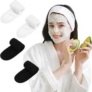 MoHern 4Pcs Spa Facial Headband, Makeup Bath and Sport Headband, Adjustable Terry Cloth Headband with Magic Tape(Black & White)