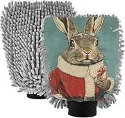 XYMZR Rabbit Cute Christmas Red Absorbent Microfiber Car Wash Mitt, Funny Cute Anime Scratch Free for Cars Cleaning, Home Cleaning Mitts, 2 Pack, 10.24” L x 7.09” W
