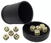 (10) 16mm Bone Tone Pip Dice + PU Leather Black Felt Lined Dice Cup Lid Tray