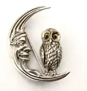 Sterling Silver Crescent Luna Moon Face and the wise old Owl Brooch Pin Boxed