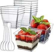 100 Pcs Dessert Cups,60ml 2oz Dessert Square Cups with 100 Spoons,Mini Clear Reusabl Bowl,Washable Serving Bowl for Capcake,Mousse,Pudding,Ice Cream
