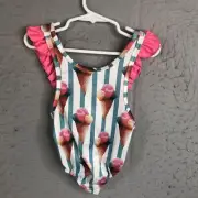 Baby Swimsuit Girls 9 Months Striped Ice Cream Cones Ruffles One Piece NEW