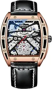 [DAXIAOYU] Mens Watches Mechanical Barrel Shaped Hollow Full-Automatic Leather Waterproof Luminous Watch