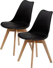 La Bella Replica Retro Dining Chairs with Padded PU Leather Seat and Beech Wood Legs, Black – Set of 2, Minimalist Mid-Century Modern Style for Home, Office, Cafe or Restaurant