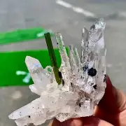 66G Natural Green tourmaline with specularite quartz crystal cluster mineral