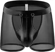 [Evankin] Men Sexy Boxer Briefs Faux Leather See Through Mesh Underwear Funny Button Removable Pouch
