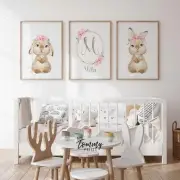 Personalised Bunny Nursery Print Set Girl | Baby Name Wall Art | Woodland Decor