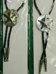 Bolo Ties " STAR ON ROUND" GOLD or SILVER Pendant, Adjustable Clip Leather Cord.
