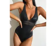 Swimsuit women's mesh stitching sexy tight deep V swimsuit wind one-piece swimsuit