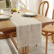 Yicorgard Farmhouse Table Runner Rustic Style 13“ x 108”, Braided Striped Linen Beige Table Runner 108 Inches Long with Tassels for Dining Room Kitchen Cream Dresser Décor,Khaki