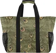[sanluoli] Storage Bags Foldable Beach Bag Waterproof with Handles Carrier Bags, Olive Green Peacock Feathers, 1 size