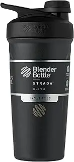 BlenderBottle Strada Twist Cap Shaker Cup Insulated Stainless Steel Water Bottle with Wire Whisk, 24-Ounce, Black